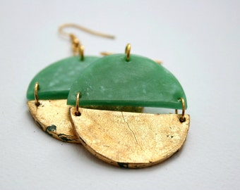 Round dangle earrings, Gold earrings, Statement earrings, Girlfriend gift, Big earrings in jade green, Green earrings, jewellery gift