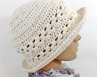 Cotton Cloche Hat Natural White Cotton Spring Summer Garden Hat Beach Ecru Brim Hat Handmade Crochet Sun Hat Women Adult Brimmed Summer Hat