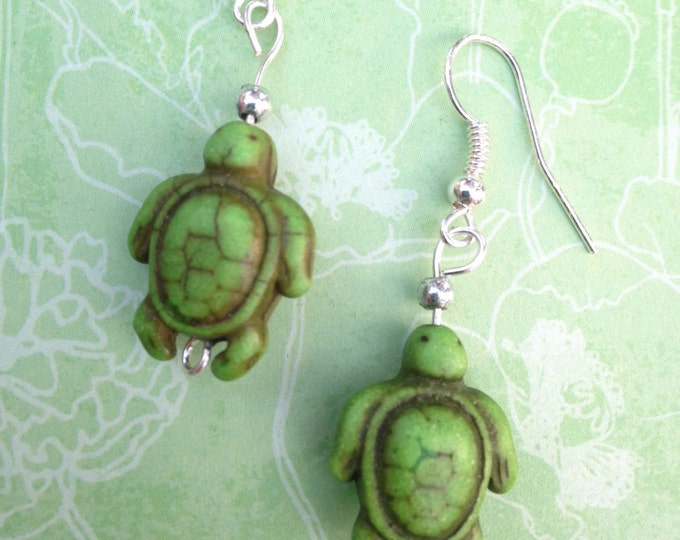 Turtle earrings-Turtle dangles-Beach jewelry-Clip on earring-Teen earrings-sterling silver-stone turtle-childrens jewelry-blue turtle dangly