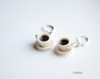 Coffee Latte Art Earrings - Mini Ceramic Cup Dangle Earrings With Gold Hooks, Barista Jewelry