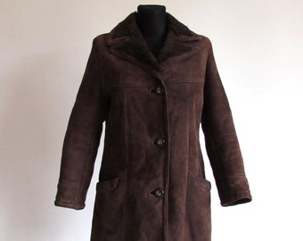 Vintage Brown Shearling Sheepskin Soft Women's Midi Coat Jacket Size M