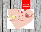 Singing birds in love Valentine's Day card, 8x6", Instant Download love Art Print Valentine Wall Heart Print Valentine Printable Card