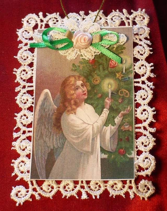 Handmade Vintage Style Victorian Christmas Card Tree Ornament - Angel Candle