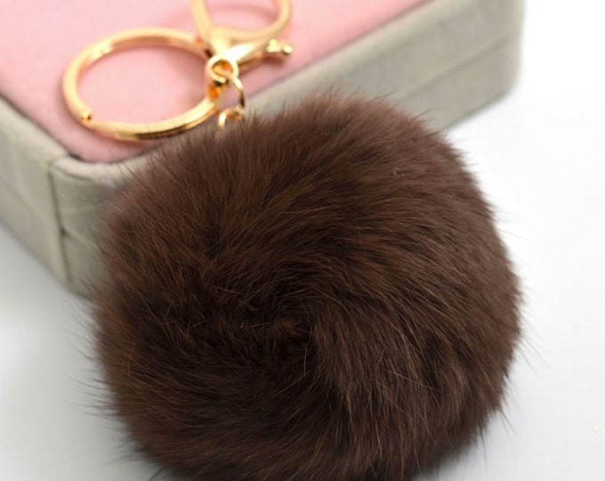 NEW COLOR Cute Genuine Leather Rabbit fur ball plush key chain for car key ring Bag Pendant BROWN