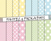 Pastel polka dots digital paper: Instant Download, Scrapbooking Printable Paper, dots pattern green, blue, red, yellow; for commercial use