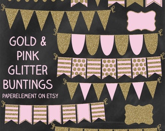 Gold Glitter Bunting Clipart: Bunting Banner Clipart, Pink and Gold Banner Clip Art, Ribbon Glitter Banner, Glitter Bunting Clip Art Garland