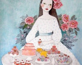 Macaron girl -  PRINT deluxe original art watercolor painting illustration of girl with flowers and macarons