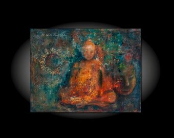 Contemplation. Canvas Hand Embellished Original Matted Painting-Print by Fae Factory Fine Artist Dr Franky Dolan (Buddha Wall Art Print)