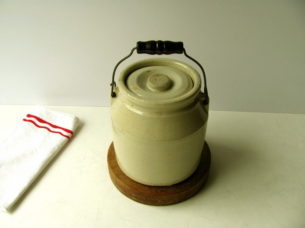 Vintage Stoneware Crock Lid Wire with Wooden Handle Primitive