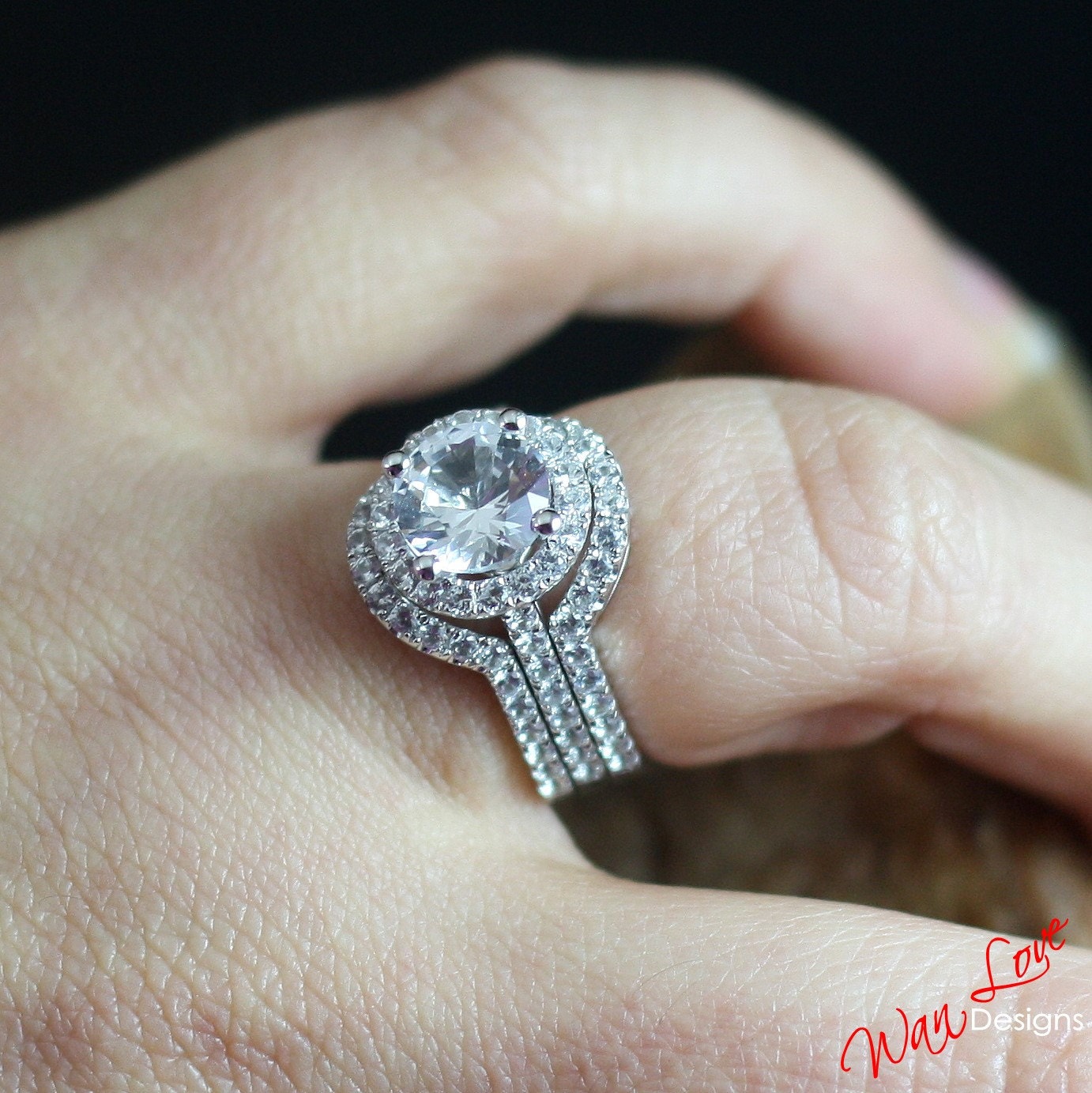 White Sapphire Halo Engagement Ring Set 3pc 2 Contoured Bands