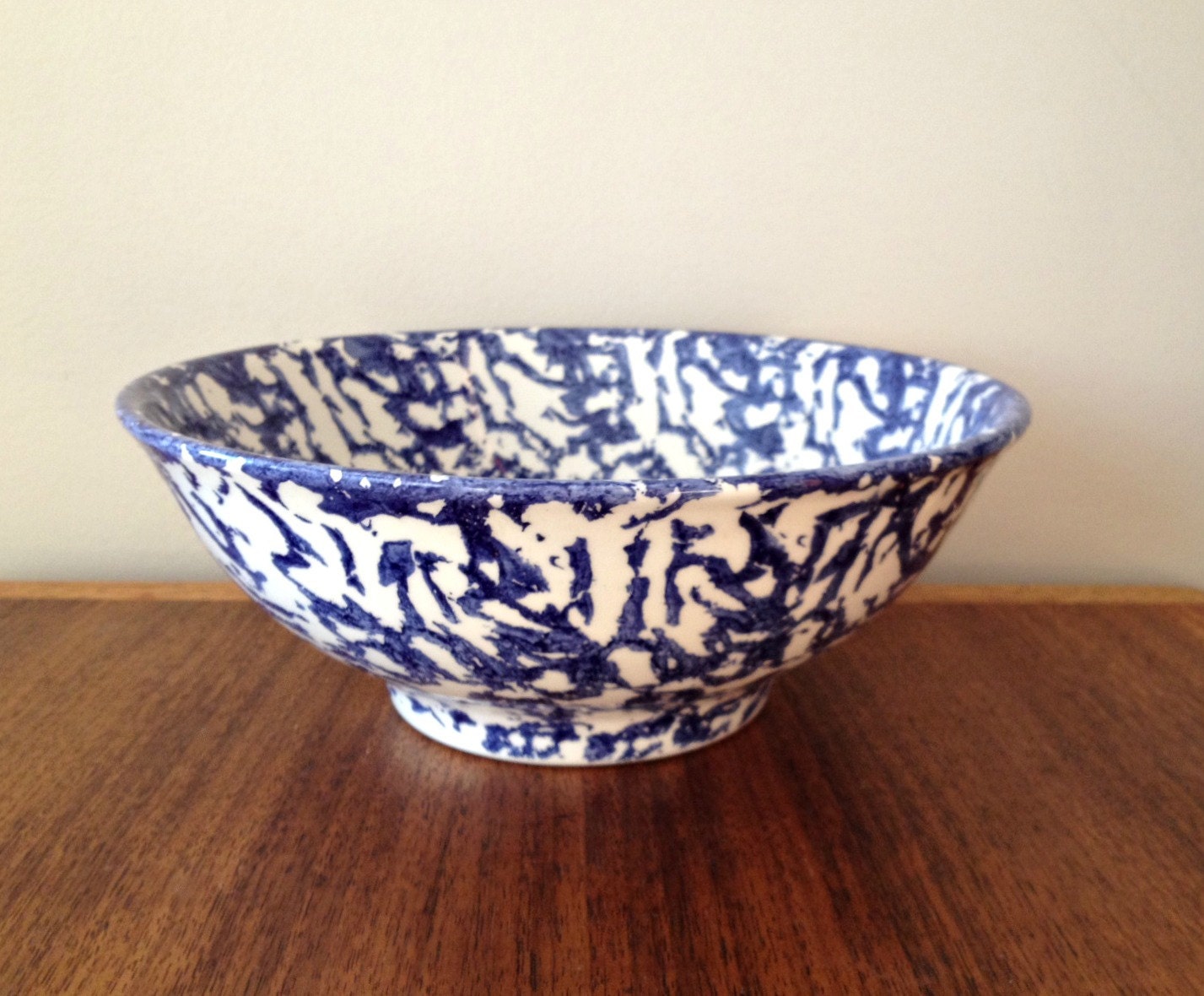 Blue and White Spongeware Serving Bowl Stoviglierie Made in