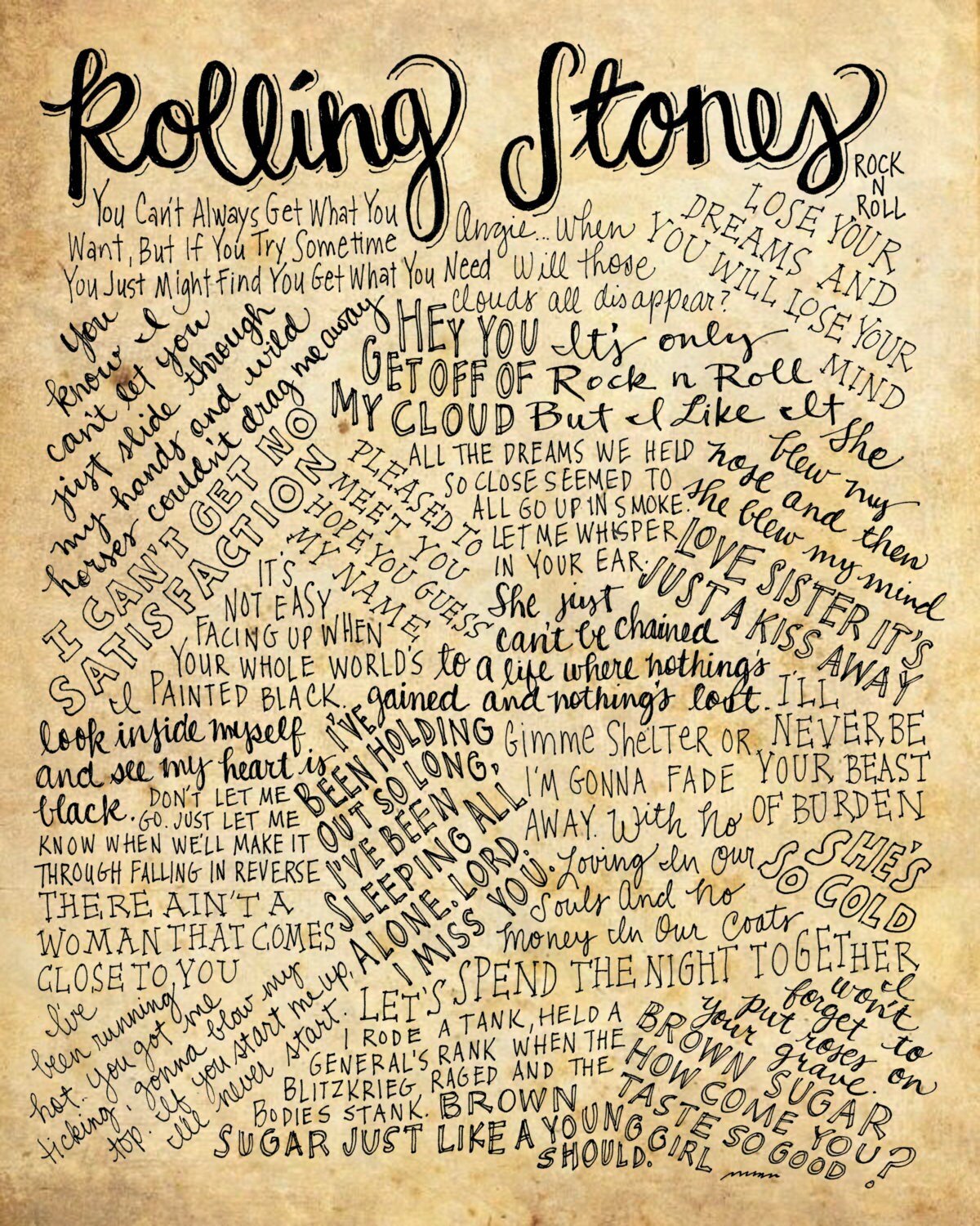 Rolling Stones Lyrics And Quotes 8x10 Handdrawn And