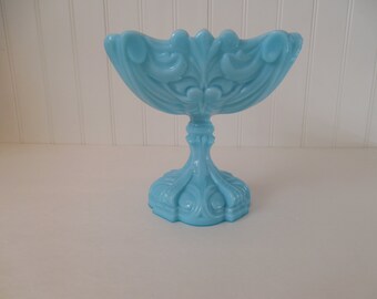 Gorgeous Blue Milk Glass Compote / Opaline French Vallerysthal Portieux / Vintage compote / Candy Pedestal / Dish