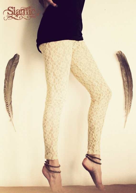 Long IVORY LACE LEGGINGS cream white hippie indie gypsy