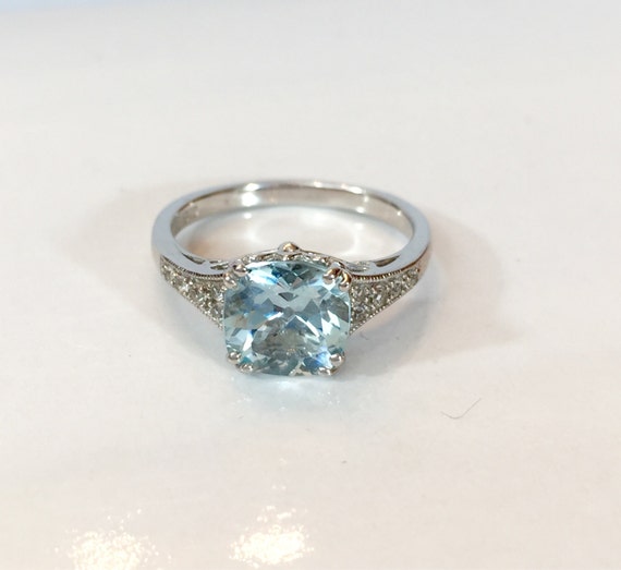Aquamarine Ring White Sapphire Sterling Silver Band Blue