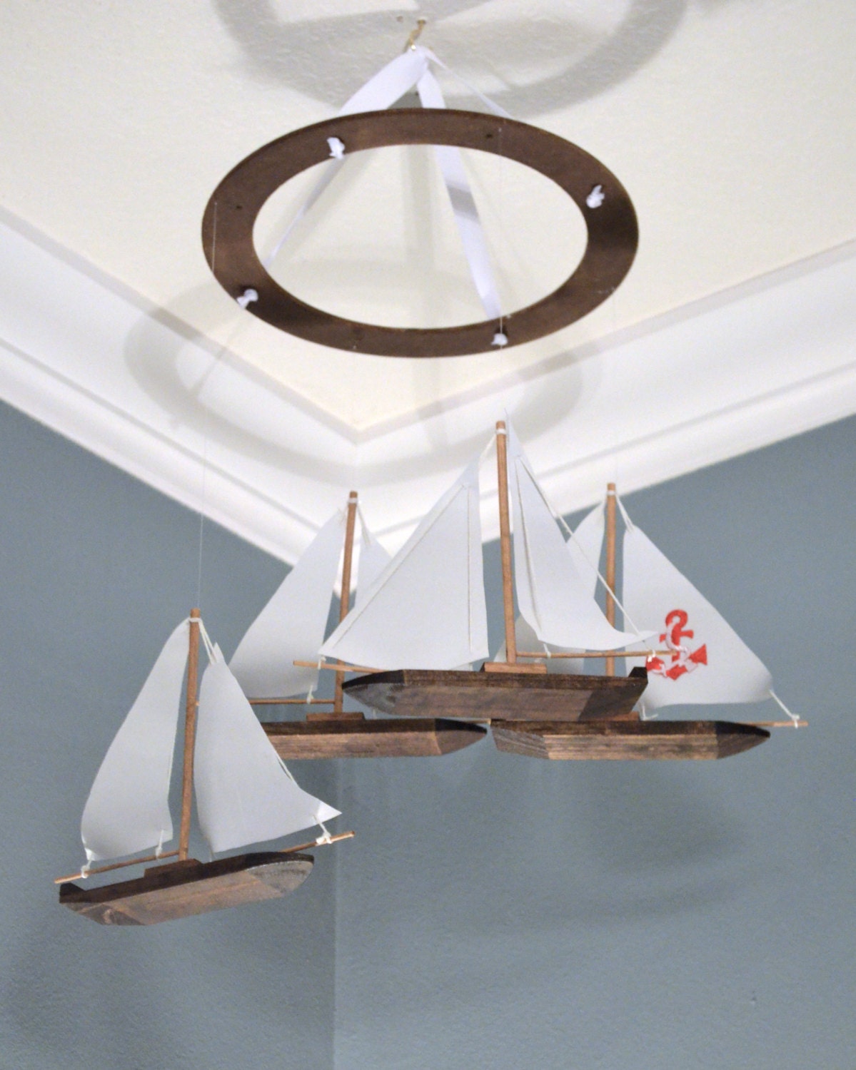 Nautical Nursery Mobile Sailboat Anchor Custom Wood Fabric