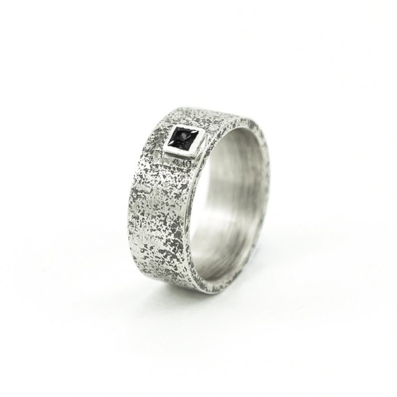 Men's Ring Wedding Band Black Diamond Silver Rustic Textured Handmade ...