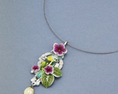 Tropical flower statement necklace, exotic jewelry with floral accents and parrot in tropical colors