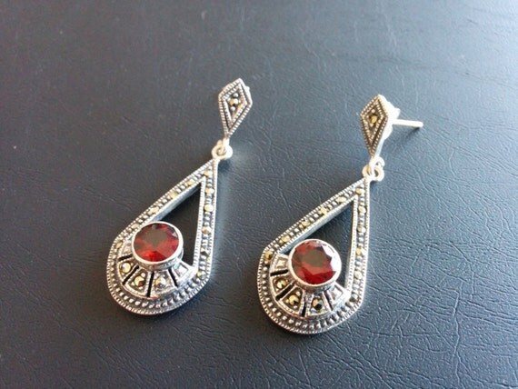 Sterling Silver & Marcasite Dangle Earrings Ruby Red
