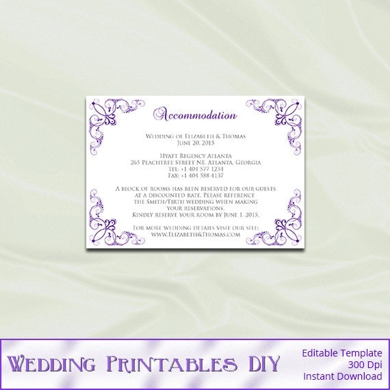 Items Similar To Wedding Enclosure Cards Template Diy Purple Accommodation Card Printable Enclosure Card Template