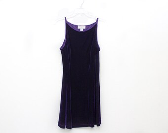 Vintage 90s Purple Velvet Mini Sleeveless Tank Cocktail A-line Dress