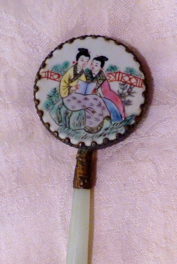 Vintage Japanese Handpainted Mirror with Jade Handle