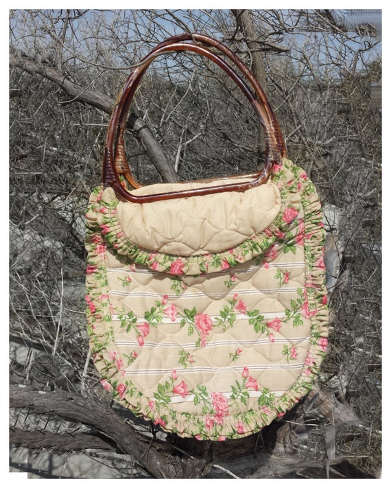 Vintage Quilted Fabric Faux Turtle Handles Floral Carpet Handbag