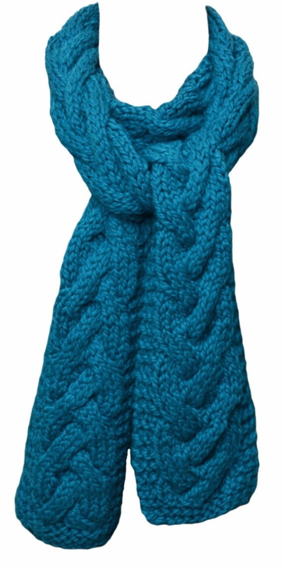 Hand Knit Scarf Chunky Cable Turquoise Green Alpaca