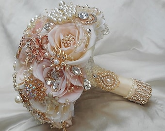 Pink and Gold Wedding Brooch Bouquet, Brooch Bouquet, Rose Gold Brooch Bouquet, DEPOSIT, Gold Jeweled Bouquet, Pink Ivory and Gold
