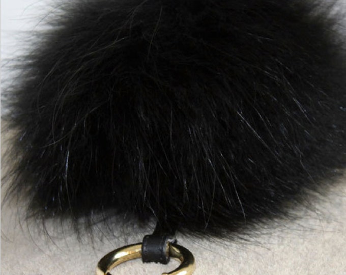 BLACK Luxury bag pendant Raccoon Fur Pom Pom with leather strap metal buckle key ring chain bag charm