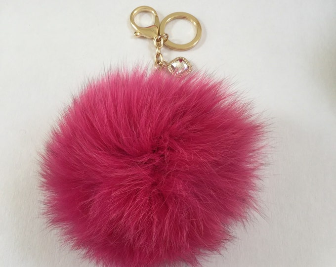 Dusty Pink Fox Fur Pom Pom keychain ball luxury bag pendant with clear crystal charm