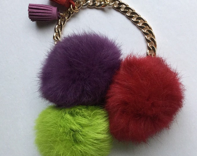 Trio rabbit fur pom pom corsage Bag Charm Totem