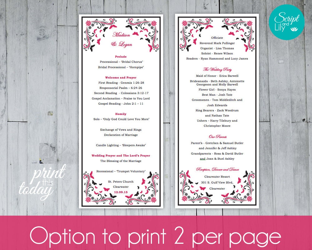Butterfly Wedding Program Template DoubleSided by ScriptAndLily
