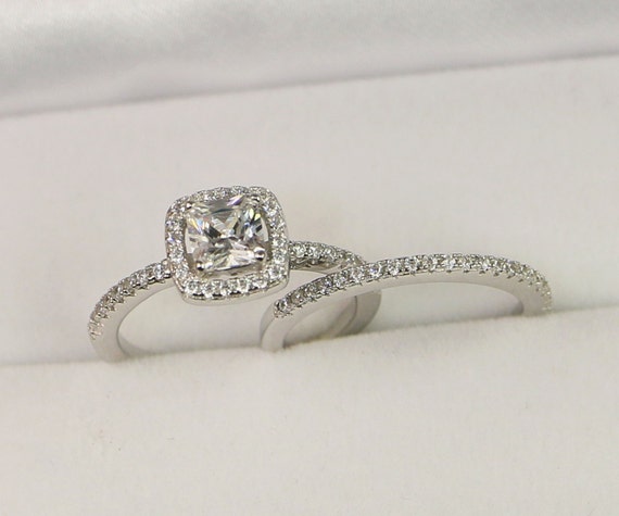 halo engagement ring wedding ring set sterling silver wedding ring cushion cut ring - Halo Wedding Ring Sets halo engagement ring wedding ring set sterling silver wedding ring cushion cut ring - Halo Wedding Ring Sets