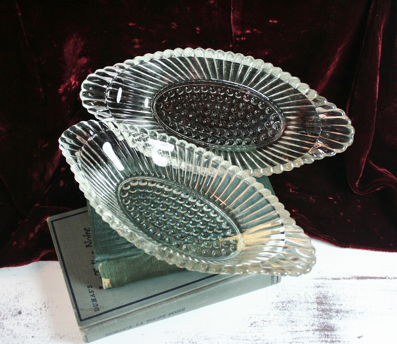 Set of 2 Vintage Oval Crystal Glass Dishes Hobnail and Ridged Patterns