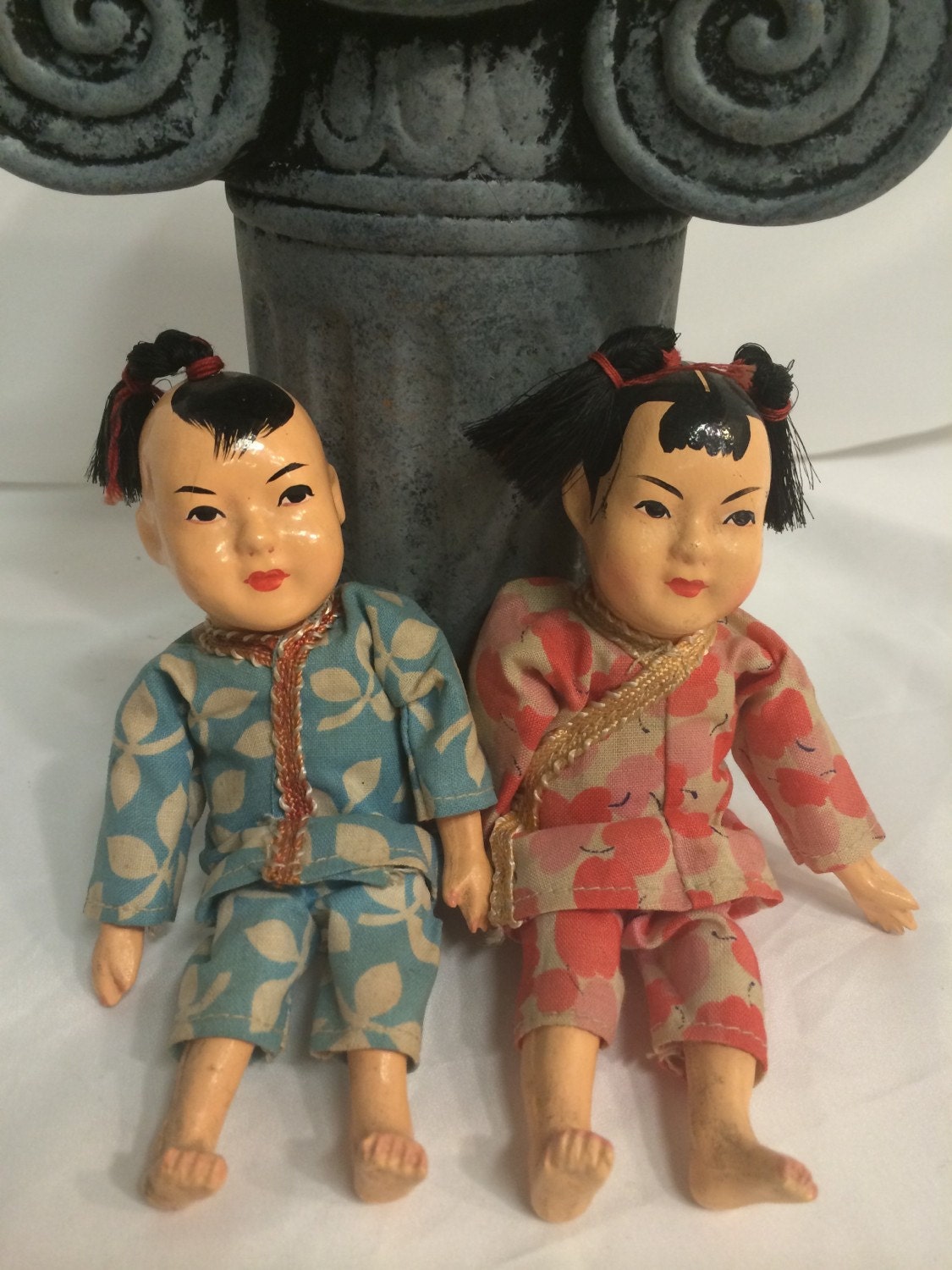 Darling Chinese Paper Mache Dolls set pair Asian Kitch Pacific