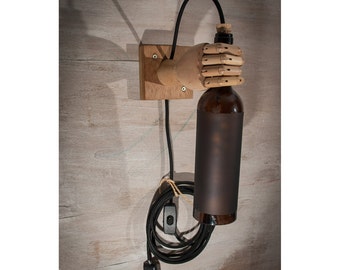 Brown wine Bottle light, wall sconce, wood lamp, wall light, wine bottle, bottle lamp, Hand lamp, Lighting, Wine bottle lights, Brown Hand