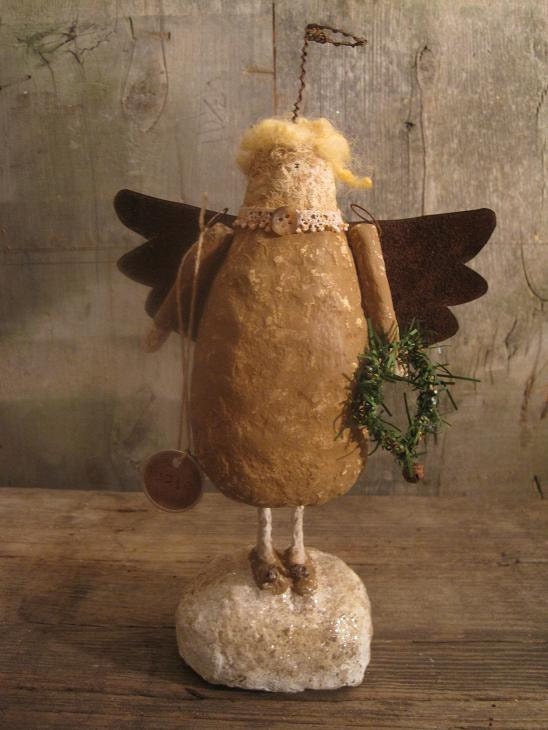 Primitive Handmade Celluclay Angel Rustic with Whimsical Hair