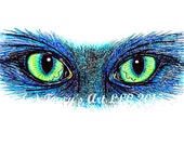 Green Cat Eyes, Blue Cat, Original Marker Drawing, Unique Art, Blue, Whimsical Art, Custom Portraits Available Green Cat Eyes, Blue Cat, Original Marker Drawing, Unique Art, Blue, Whimsical Art, Custom Portraits Available