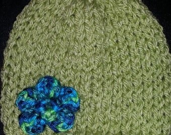 Handmade Cotton Blend Baby Beanie Hat ~ Lovely Pale Green with Blue Flower