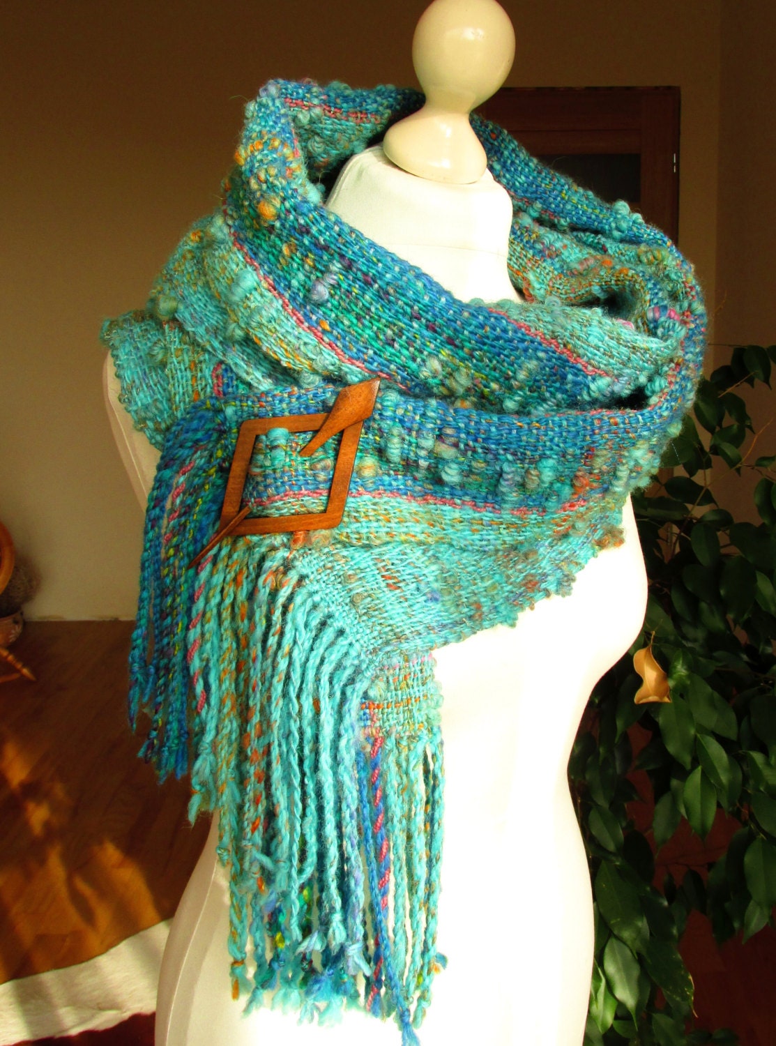 Hand woven scarf made of handspun Art Yarn.Natural wool