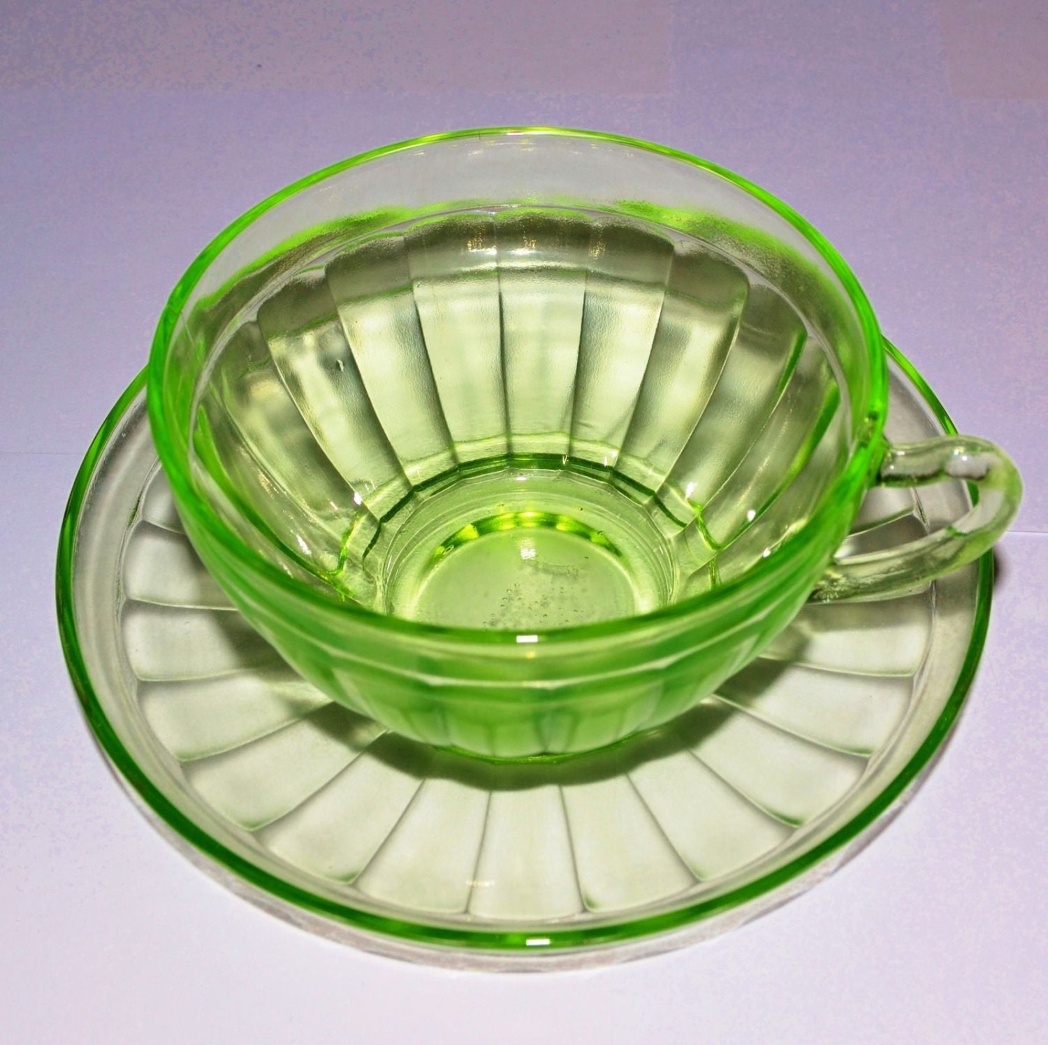 Green Aurora Pattern Depression Glass Cup And Saucer By Niaravintage