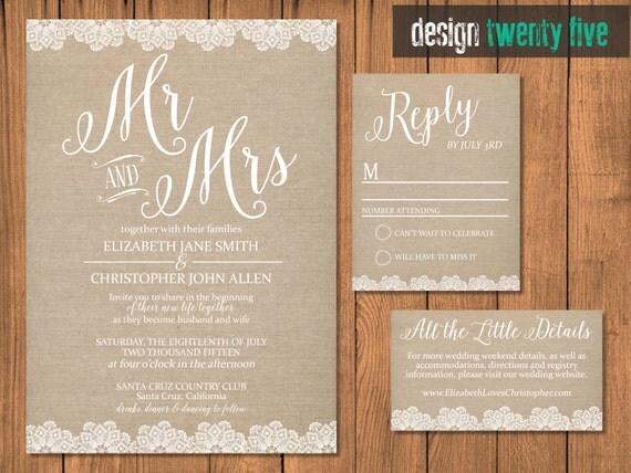 Rustic Wedding Invitation // Canvas & Lace Mr. and Mrs. Suite // 5x7 ...