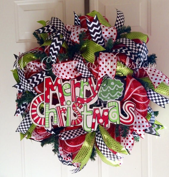 Whimsical red lime green and black deco mesh Christmas wreath