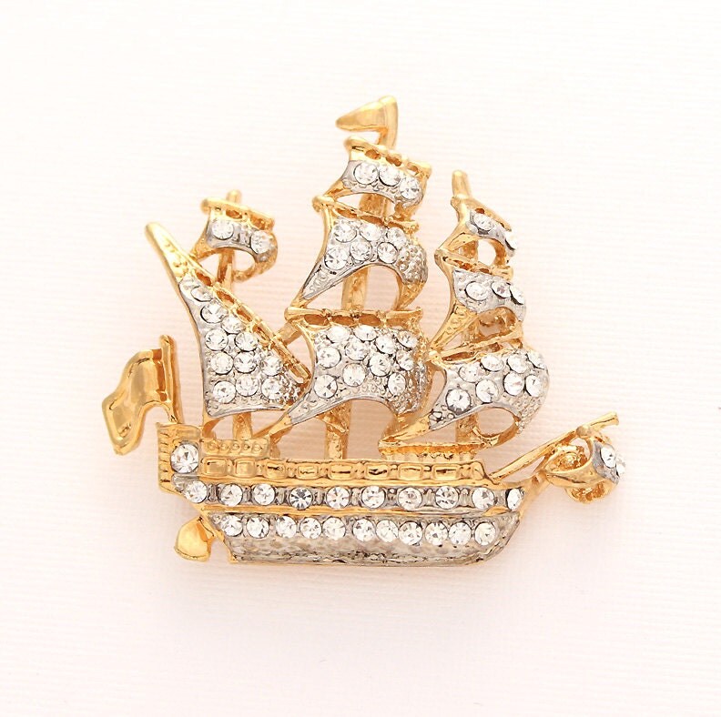 Ship Brooch Gold Ship Broach Nautical Crystal Ship Navy