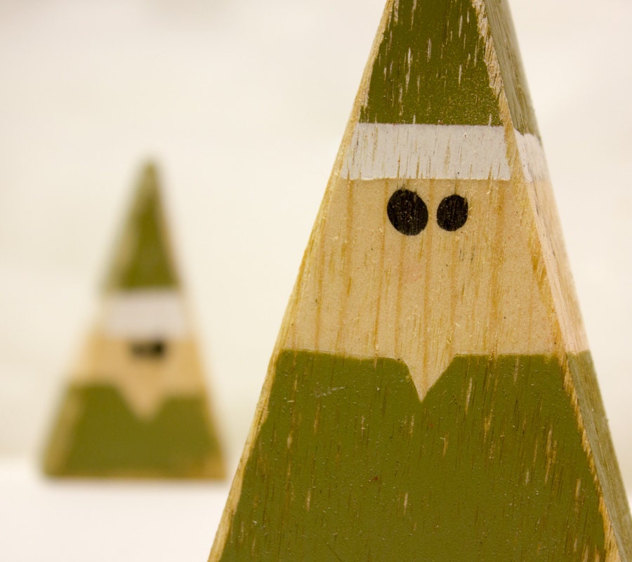 Elf Wooden Figures Holiday Christmas Winter Decoration Set of 2 Handmade Funny Cute Triangle Olive Green