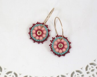 Turquoise & coral earrings, Beaded hoop earrings, Teen girl gifts, Sweet 16 jewelry, Everyday earrings, Peach earrings, Colorful earrings