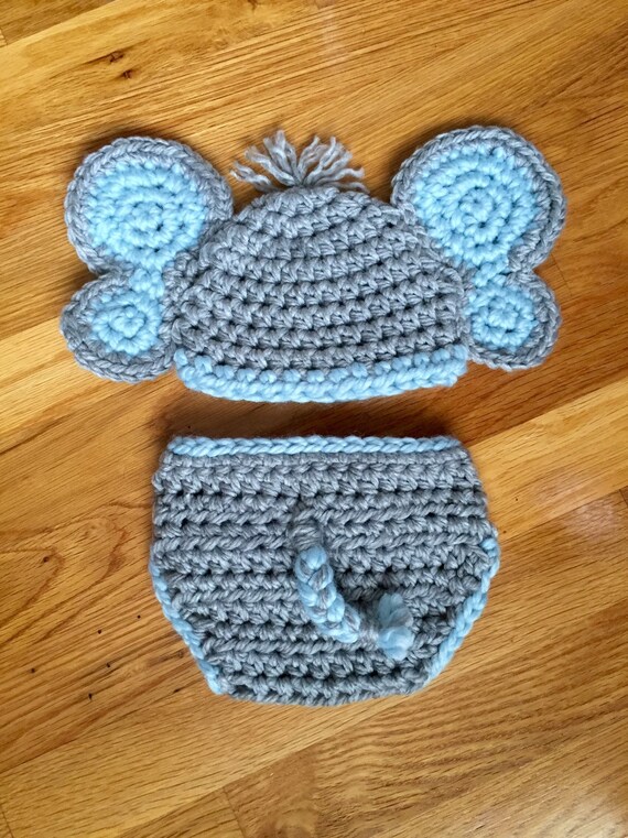 Items similar to Newborn Crochet Baby Elephant Hat and Diaper Cover