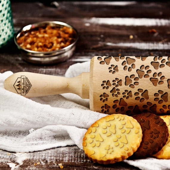 Paws laser engraved rolling pin embossing rolling by RollingWoods