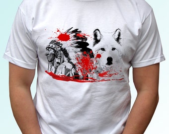 Native t shirt - new white shirt american indian wolf print design 100% cotton - Mens, womens, kids & baby clothing - all sizes!